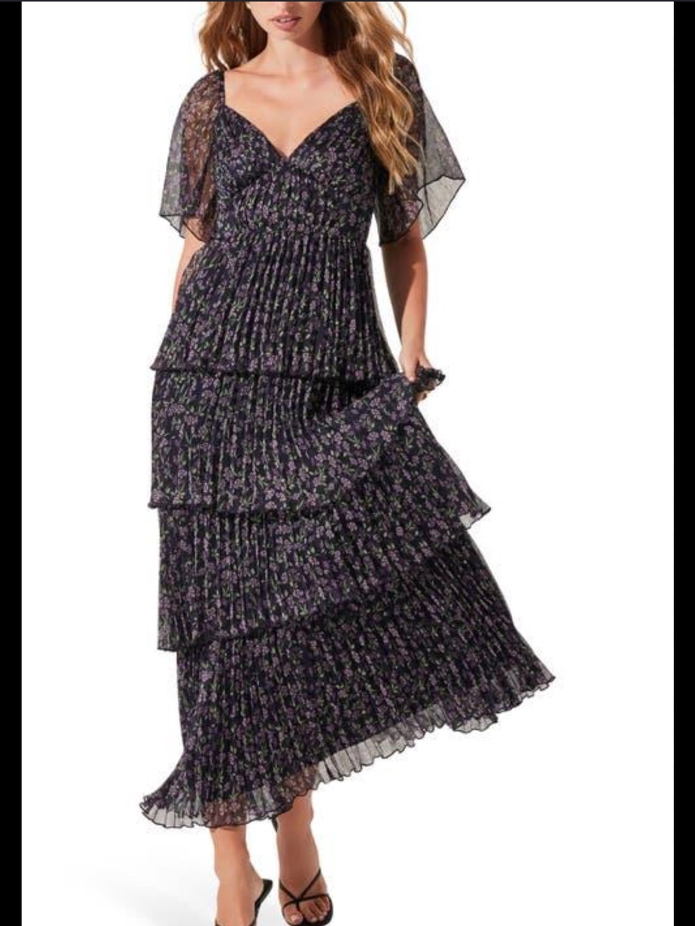 Astr Tiered Black Maxi Dress with Purple Floral Print - Picture 2 of 6